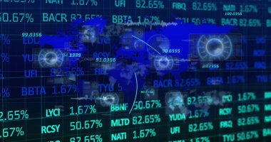 Dünya haritası üzerinde veri işleme resmi. küresel iş ve dijital arayüz kavramı dijital olarak oluşturulmuş görüntü.