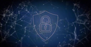 Mavi arka planda güvenlik kilidi simgesi ve bağlantı ağı görüntüsü. Siber güvenlik ve iş ağı teknolojisi kavramı