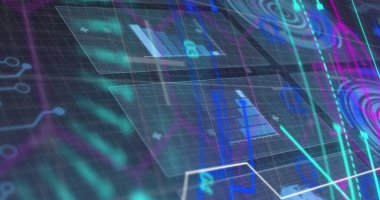 Siyah arkaplana karşı grafiklerin, dairelerin ve çok renkli soyut desenlerin resmi. Dijital olarak üretilmiş, hologram, rapor, finans, iş dünyası, aydınlatma, devre kartı ve teknoloji kavramı.