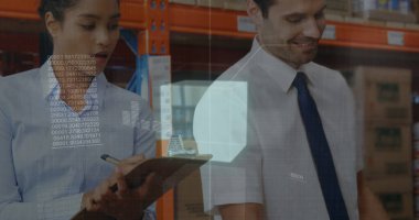 Çeşitli kadın ve erkek depo çalışanlarının not aldığı finansal grafikler. iş, finans ve dağıtım hizmetleri kavramı dijital olarak oluşturulmuş görüntü.