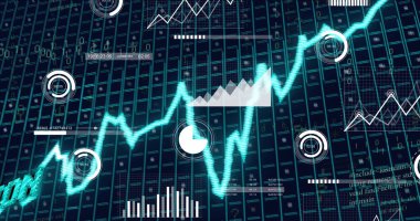 Siyah arkaplan üzerinde veri işleme ile mavi durgunluk metin, grafik ve ızgara resmi. Küresel finans, iş, veri ve dijital arayüz kavramı dijital olarak oluşturulmuş görüntü.