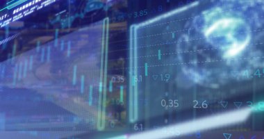 Şehir manzarası üzerinde veri işleme resmi. küresel iş ve dijital arayüz kavramı dijital olarak oluşturulmuş görüntü.