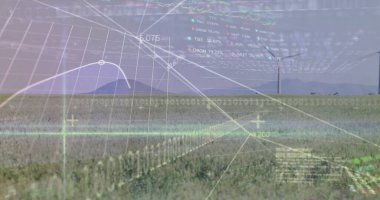 Borsa görüntüsü ve rüzgar türbinleriyle ilgili veri işleme. Küresel iş, doğa ve dijital arayüz kavramı, dijital olarak oluşturulmuş görüntü.