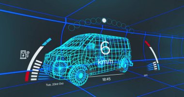 Minibüs ve minibüs giyen bir adamın üzerine araba çizimi. Küresel ulaşım ve dijital arayüz konsepti dijital olarak oluşturuldu.