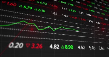 Dijital panodaki borsa eğilimlerini gösteren yeşil ve kırmızı çizgiler. Hisse değerlerini ve değişikliklerini gösteren beyaz, yeşil ve kırmızı sayılar