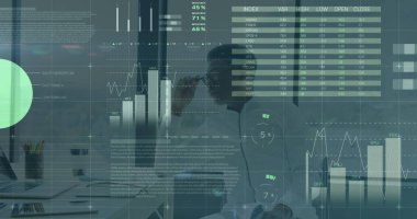 Image of financial data and graphs over african american businessman in office. business, finance, economy and technology concept digitally generated image. clipart