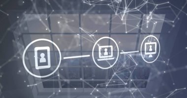 Ofis penceresinden şehir manzarasına karşı bağlantılar ve dijital simgeler ağı görüntüsü. Küresel ağ ve iş teknolojisi kavramı