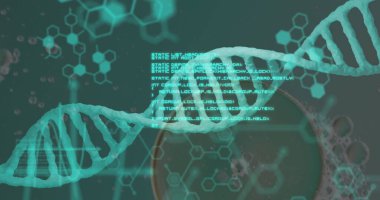 DNA ipliği üzerinde baloncuklar ve yeşil arka planda veri işleme görüntüsü. Bilim, tıp ve dijital arayüz kavramı dijital olarak oluşturulmuş görüntü.