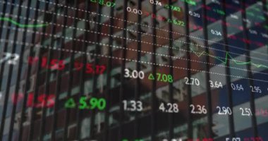 Şehirdeki borsa ve diyagramların animasyonu. Teknoloji ve dijital arayüz kavramı dijital olarak oluşturuldu.