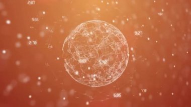 Turuncu arka planda dünya üzerinde veri işleme ile DNA iplikçiklerinin animasyonu. Küresel teknoloji, bilgisayar ve dijital arayüz kavramı dijital olarak oluşturulmuş video.