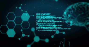 Kimyasal formül ve beyin üzerinde veri işleme animasyonu. Teknoloji ve dijital arayüz kavramı dijital olarak oluşturuldu.