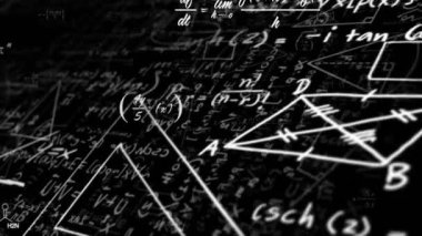 Matematiksel veri işlemenin siyah arkaplan üzerindeki animasyonu. Küresel bilim, eğitim, bağlantılar, hesaplama ve veri işleme kavramı dijital olarak oluşturulmuş video.