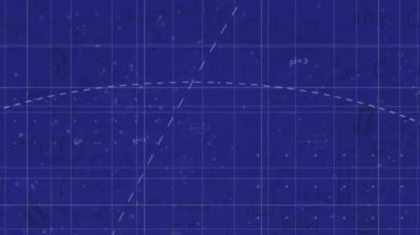 Mavi arkaplan üzerinde matematiksel veri işleme animasyonu. Küresel bilim, bağlantılar, hesaplama ve veri işleme kavramı dijital olarak oluşturulmuş video.