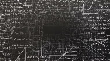 Matematiksel denklemlerin siyah arkaplan üzerindeki animasyonu. Eğitim, bilim, denklemler ve dijital arayüz konsepti dijital olarak oluşturulmuş video.