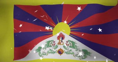 Tibet bayrağı üzerinde beyaz yıldızların animasyonu. Dijital olarak üretilen bayraklar ve vatanseverlik kavramı.