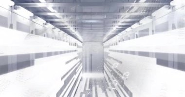 Bilgisayar sunucuları üzerinde ikili kodlama dijital veri işleme animasyonu. Dijital olarak oluşturulmuş küresel bağlantılar, hesaplama ve veri işleme kavramı.