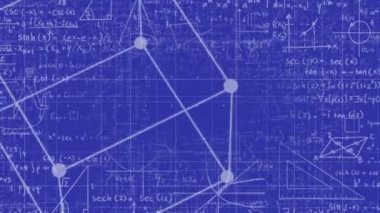 Mavi arkaplan üzerinde matematiksel veri işleme animasyonu. Küresel bilim, bağlantılar, hesaplama ve veri işleme kavramı dijital olarak oluşturulmuş video.