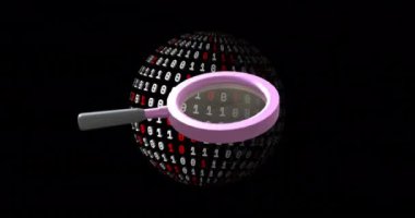 Okuma camının animasyonu ve siyah arkaplanda ikili kodlama küresi. Teknoloji ve dijital arayüz kavramı dijital olarak oluşturuldu.