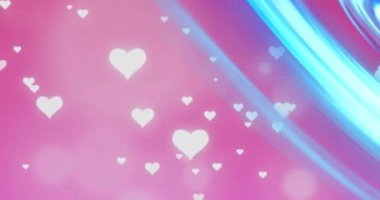 Beyaz kalplerin parlayan ışık izlerinin üzerine düşmesi arka planda hareket ediyor. Aşk, romantizm, renk, şekil, ışık ve hareket kavramı dijital olarak oluşturulmuş video.