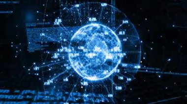 Siyah arkaplanda bağlantıları olan veri işleme ve küre animasyonları. Küresel teknoloji, bilgisayar ve dijital arayüz kavramı dijital olarak oluşturulmuş video.