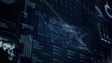 Karanlık zemin üzerinde dijital veri işleme animasyonu. Dijital olarak oluşturulmuş küresel bağlantılar, hesaplama ve veri işleme kavramı.