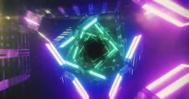 Siyah arka planda parlayan neon tünelin animasyonu. Renk, şekil, ışık ve hareket konsepti dijital olarak oluşturulmuş video.