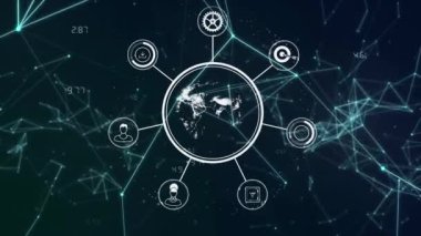 Dünya çapında bağlantı ve veri işleme ağının animasyonu. Dijital olarak oluşturulmuş küresel bağlantılar, hesaplama ve veri işleme kavramı.