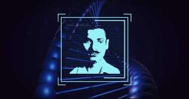 Siyah arkaplanda dijital biyometrik fotoğraf ve DNA ipliği. Küresel bilim, araştırma, bağlantılar, hesaplama ve veri işleme kavramı dijital olarak oluşturuldu.