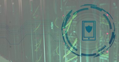 Bilgisayar sunucularından kalkan ve dijital veri işleme görüntüsü. Küresel siber güvenlik, bağlantılar, bulut hesaplama ve veri işleme kavramı dijital olarak oluşturuldu.