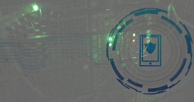 Bilgisayar sunucularından kalkan ve dijital veri işleme görüntüsü. Küresel siber güvenlik, bağlantılar, bulut hesaplama ve veri işleme kavramı dijital olarak oluşturuldu.