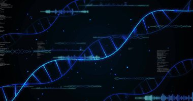 Dijital veri işleme ve siyah arka plandaki DNA iplikçiklerinin resmi. Küresel bilim, araştırma, bağlantılar, hesaplama ve veri işleme kavramı dijital olarak oluşturuldu.