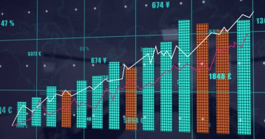 Boş ofis üzerinden finansal veri işleme resmi. Küresel iş, finans, hesaplama ve dijital arayüz kavramı dijital olarak oluşturuldu.