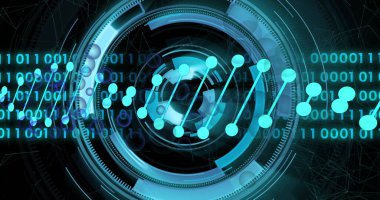 İkili kod ve veri noktaları ile dairesel dijital arayüz, fütürist görüntü. Teknoloji, yenilik, siber alan, kodlama, ağ, bilgi