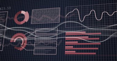Değişken grafik ve yüzde sembolleri üzerinde ikili kod ve finansal veri işleme. Teknoloji, finans, analitik, dijital, kodlama, programlama