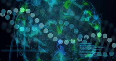 Dünya üzerinde bilimsel veri işleme görüntüsü ve karanlık arka planda DNA ipliği. Küresel bilim, bağlantılar, hesaplama ve veri işleme kavramı dijital olarak oluşturulmuş görüntü.
