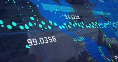 Boş ofis üzerinden finansal veri işleme resmi. Küresel iş, finans, hesaplama ve dijital arayüz kavramı dijital olarak oluşturuldu.