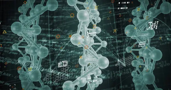 stock image Image of dna network of connections and molecules over data processing on black background. Technology and digital interface concept digitally generated image.