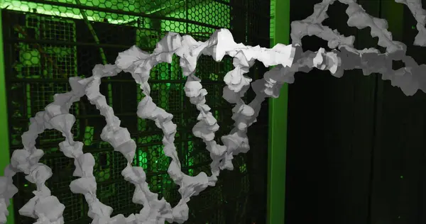 stock image Image of white, textured dna strand over dark computer server room. Digital interface, data, medical research, healthcare, connection and communication, digitally generated image.