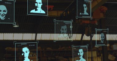 Depoda biyometrik fotoğrafların veri işleme görüntüsü. Küresel taşımacılık, finans, iş, bağlantılar, hesaplama ve veri işleme kavramı dijital olarak oluşturulmuş görüntü.