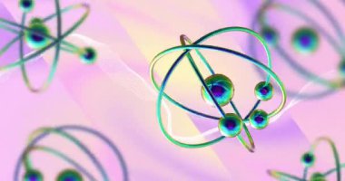 Çok renkli arka planda dalgalanan atomların animasyonu. Bilim, renk, desen, şekil ve hareket konsepti dijital olarak oluşturulmuş video.