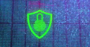 Biyometrik asma kilit ve kalkan üzerinden dijital veri işleme animasyonu. Dijital olarak oluşturulmuş küresel bağlantılar, hesaplama ve veri işleme kavramı.