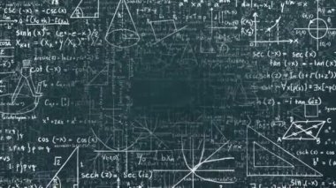 Siyah zemin üzerinde matematiksel ve bilimsel veri işleme animasyonu. Küresel yapay zeka, bilim, bağlantılar, hesaplama ve veri işleme kavramı dijital olarak oluşturulmuş video.