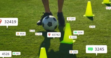 Beyaz erkek futbolcu sayısının giderek arttığı sosyal medya simgelerinin animasyonu. Dijital olarak oluşturulmuş küresel sosyal medya, spor, iletişim ve dijital arayüz kavramı.