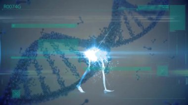 İnsan iskeleti ve DNA ipliği üzerinde bilimsel veri işleme animasyonu. Küresel bilim, bağlantılar, hesaplama ve veri işleme kavramı dijital olarak oluşturulmuş video.