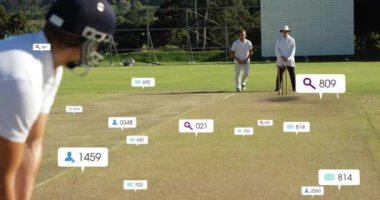 Çeşitli erkek kriket oyuncuları üzerinde artan sayılara sahip sosyal medya simgelerinin animasyonu. Dijital olarak oluşturulmuş küresel sosyal medya, spor, iletişim ve dijital arayüz kavramı.