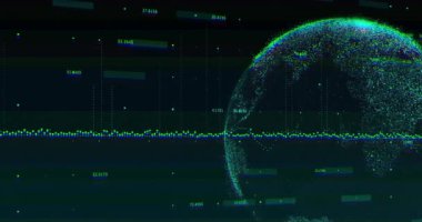 Siyah arka planda dünya ile finansal veri işleme animasyonu. Küresel iş, finans, bilgisayar ve dijital arayüz kavramı dijital olarak oluşturulmuş video.