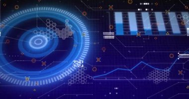 Dürbün üzerinden dijital veri işleme animasyonu. Dijital olarak oluşturulmuş küresel bağlantılar, hesaplama ve veri işleme kavramı.