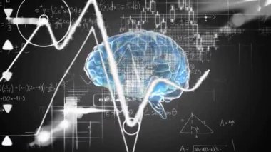 İnsan beyni üzerinde bilimsel veri işleme animasyonu. Küresel bilim, bağlantılar, hesaplama ve veri işleme kavramı dijital olarak oluşturulmuş video.