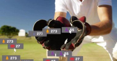 Beyaz erkek kriket oyuncusu sayısının giderek arttığı sosyal medya simgelerinin animasyonu. Dijital olarak oluşturulmuş küresel sosyal medya, spor, iletişim ve dijital arayüz kavramı.