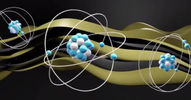 Siyah arkaplanda dalgalanan katmanların üzerinde hareket eden atomların animasyonu. Bilim, renk, desen, şekil ve hareket konsepti dijital olarak oluşturulmuş video.